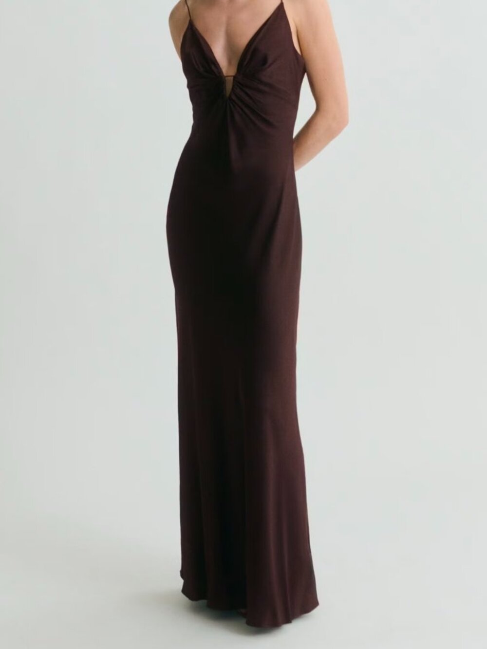 Mango Chocolate Brown V-Neck Satin Dress